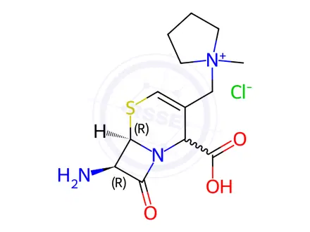Chemical structure of 1-(((6R,7R)-7-Amino-2-carboxy-8-oxo-5-thia-1-azabicyclo[4.2.0]oct-3-en-3-yl)methyl)-1-methylpyrrolidin-1-ium chloride