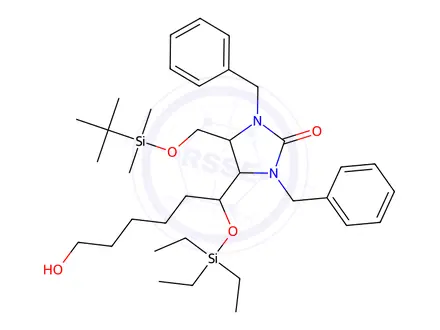 Chemical structure of 1,3-Dibenzyl-4-(((tert-butyldimethylsilyl)oxy)methyl)-5-(6-hydroxy-1-((triethylsilyl)oxy)hexyl)imidazolidin-2-one