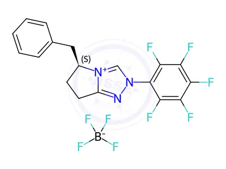 Chemical structure of (S)-5-Benzyl-2-(perfluorophenyl)-6,7-dihydro-5H-pyrrolo[2,1-c][1,2,4]triazol-2-ium tetrafluoroborate