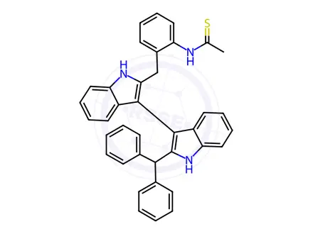 Chemical structure of N-(2-((2'-Benzhydryl-1H,1'H-[3,3'-biindol]-2-yl)methyl)phenyl)ethanethioamide
