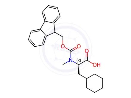 Chemical structure of (R)-2-((((9H-fluoren-9-yl)methoxy)carbonyl)(methyl)amino)-3-cyclohexylpropanoic acid