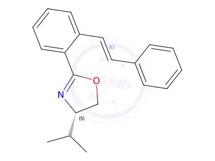 Chemical structure of (4S)-4,5-Dihydro-4-(1-methylethyl)-2-[2-[(1E)-2-phenylethenyl]phenyl]oxazole