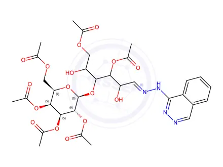 Chemical structure of (2R,3S,4S,5R,6S)-2-(Acetoxymethyl)-6-(((E)-1,4-diacetoxy-2,5-dihydroxy-6-(2-(phthalazin-1-yl)hydrazono)hexan-3-yl)oxy)tetrahydro-2H-pyran-3,4,5-triyl Triacetate