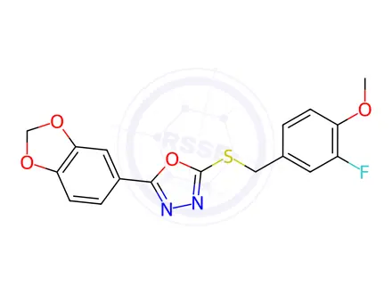 Chemical structure of 1,3,4-Oxadiazole, 2-(1,3-benzodioxol-5-yl)-5-[[(3-fluoro-4-methoxyphenyl)methyl]thio]-