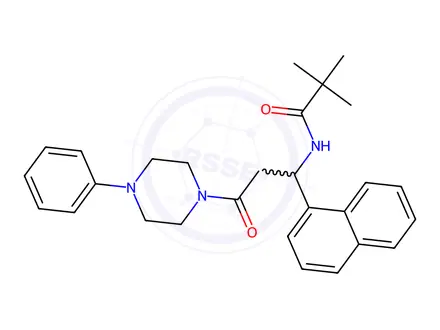Chemical structure of N-(1-(naphthalen-1-yl)-3-oxo-3-(4-phenylpiperazin-1-yl)propyl)pivalamide