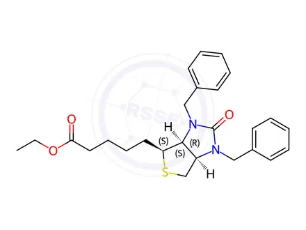 Chemical structure of ethyl 5-((3aS,4S,6aR)-1,3-dibenzyl-2-oxohexahydro-1H-thieno[3,4-d]imidazol-4-yl)pentanoate
