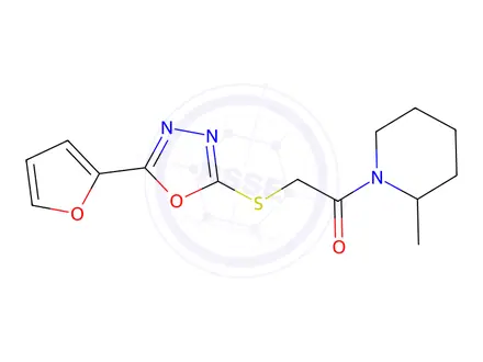 Chemical structure of 2-((5-(Furan-2-yl)-1,3,4-oxadiazol-2-yl)thio)-1-(2-methylpiperidin-1-yl)ethan-1-one