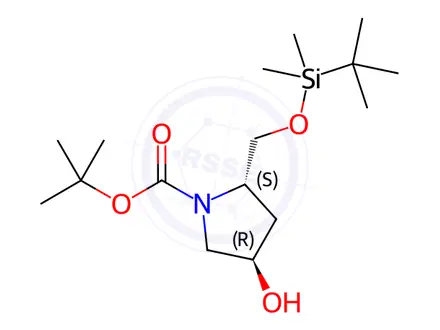Chemical structure of (2S,4R)-tert-butyl 2-(((tert-butyldimethylsilyl)oxy)methyl)-4-hydroxypyrrolidine-1-carboxylate
