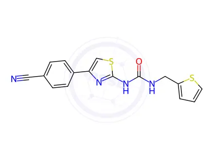 Chemical structure of 1-(4-(4-Cyanophenyl)thiazol-2-yl)-3-(thiophen-2-ylmethyl)urea
