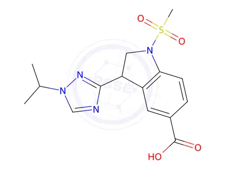 Chemical structure of 3-(1-Isopropyl-1H-1,2,4-triazol-3-yl)-1-(methylsulfonyl)indoline-5-carboxylic acid