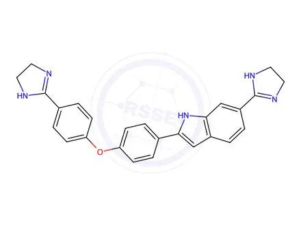 Chemical structure of 6-(4,5-Dihydro-1H-imidazol-2-yl)-2-(4-(4-(4,5-dihydro-1H-imidazol-2-yl)phenoxy)phenyl)-1H-indole
