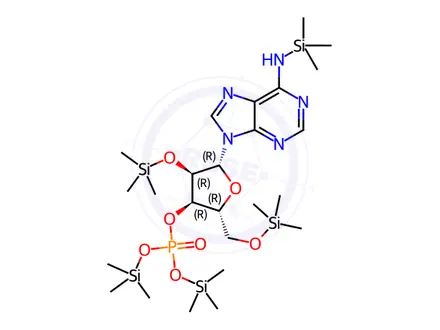 Chemical structure of N-(Trimethylsilyl)-2'-O,5'-O-bis(trimethylsilyl)adenosine 3'-[phosphoric acid bis(trimethylsilyl)] ester