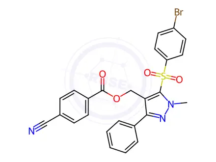 Chemical structure of (5-((4-Bromophenyl)sulfonyl)-1-methyl-3-phenyl-1H-pyrazol-4-yl)methyl 4-cyanobenzoate