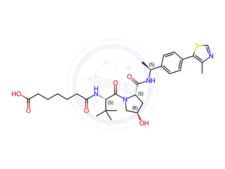 Chemical structure of 7-(((S)-1-((2S,4R)-4-Hydroxy-2-(((S)-1-(4-(4-methylthiazol-5-yl)phenyl)ethyl)carbamoyl)pyrrolidin-1-yl)-3,3-dimethyl-1-oxobutan-2-yl)amino)-7-oxoheptanoic acid