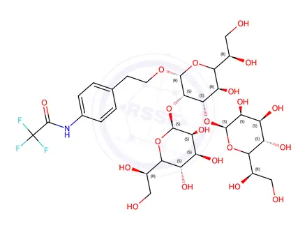 Chemical structure of 2-(4-trifluoroacetamidophenyl)ethyl O-heptopyranosyl-1-7-O-heptopyranosyl-1-3-heptopyranoside