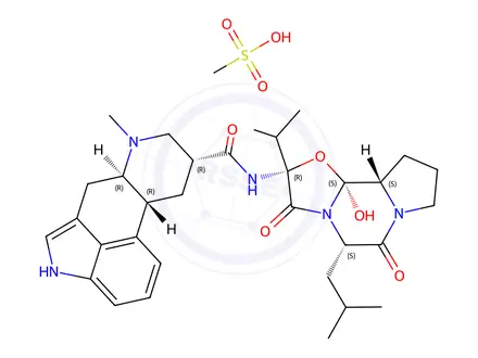 Chemical structure of 9,10alpha-dihydro-12'-hydroxy-5'alpha-isobutyl-2'-isopropylergotaman-3',6',18-trione methanesulphonate