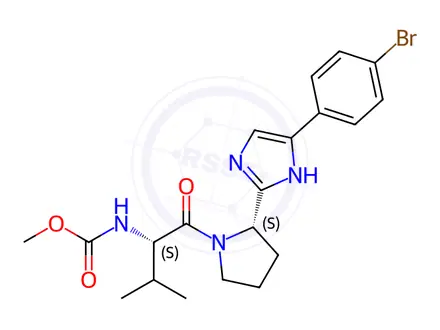 Chemical structure of Methyl ((S)-1-((S)-2-(5-(4-bromophenyl)-1H-imidazol-2-yl)pyrrolidin-1-yl)-3-methyl-1-oxobutan-2-yl)carbamate