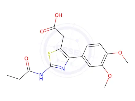 Chemical structure of 2-(4-(3,4-Dimethoxyphenyl)-2-propionamidothiazol-5-yl)acetic acid
