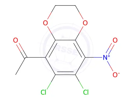 Chemical structure of 1-(6,7-dichloro-8-nitro-2,3-dihydro-1,4- benzodioxin-5-yl)-1-ethanone