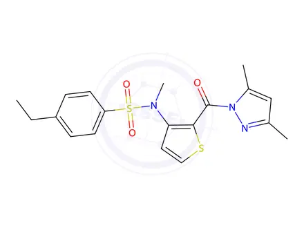 Chemical structure of N-(2-(3,5-dimethyl-1H-pyrazole-1-carbonyl)thiophen-3-yl)-4-ethyl-N-methylbenzenesulfonamide