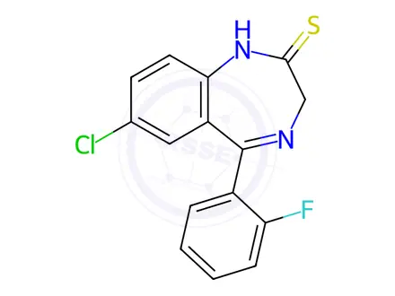 Chemical structure of 7-Chloro-5-(2-fluorophenyl)-1,3-dihydro-2H-benzo[e][1,4]diazepine-2-thione