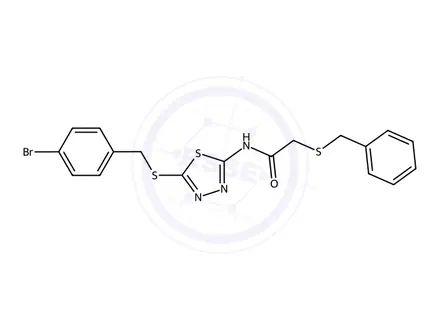 Chemical structure of 2-(Benzylthio)-N-(5-((4-bromobenzyl)thio)-1,3,4-thiadiazol-2-yl)acetamide