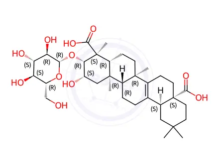 Chemical structure of 27-Norolean-13-ene-23,28-dioic acid, 3-(β-D-glucopyranosyloxy)-2-hydroxy-, (2β,3β,4α)-
