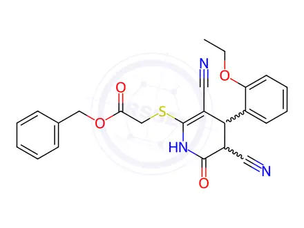 Chemical structure of benzyl 2-((3,5-dicyano-4-(2-ethoxyphenyl)-6-oxo-1,4,5,6-tetrahydropyridin-2-yl)thio)acetate