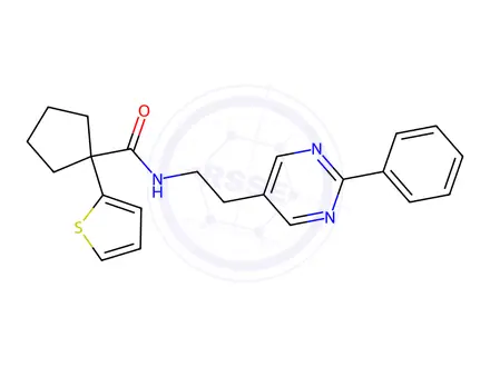 Chemical structure of N-(2-(2-Phenylpyrimidin-5-yl)ethyl)-1-(thiophen-2-yl)cyclopentane-1-carboxamide
