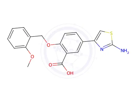 Chemical structure of 5-(2-Aminothiazol-4-yl)-2-((2-methoxybenzyl)oxy)benzoic acid