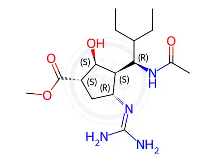 Chemical structure of methyl (1R,2R,3S,4S)-3-((S)-1-acetamido-2-ethylbutyl)-4-guanidino-2-hydroxycyclopentane-1-carboxylate--methyl (1S,2S,3R,4R)-3-((R)-1-acetamido-2-ethylbutyl)-4-guanidino-2-hydroxycyclopentane-1-carboxylate (1/1)