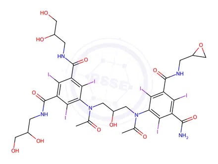 Chemical structure of 5-(N-(3-(N-(3-carbamoyl-2,4,6-triiodo-5-((oxiran-2-ylmethyl)carbamoyl)phenyl)acetamido)-2-hydroxypropyl)acetamido)-N1,N3-bis(2,3-dihydroxypropyl)-2,4,6-triiodoisophthalamide