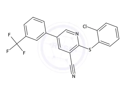 Chemical structure of 2-((2-Chlorophenyl)thio)-5-(3-(trifluoromethyl)phenyl)nicotinonitrile
