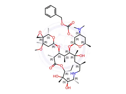 Chemical structure of 5’-Desmethylpropylamine Oxirane Tulathromycin Benzyl Carbonate