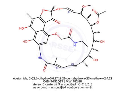 Chemical structure of Acetamide, 2-((1,2-dihydro-5,6,17,19,21-pentahydroxy-23-methoxy-2,4,12,16,18,20,22-heptamethyl-1,11-dioxo-2,7-(epoxypentadeca(1,11,13)trieni mino)naphtho(2,1-b)furan-9-yl)oxy)-N-ethyl-, 21-acetate