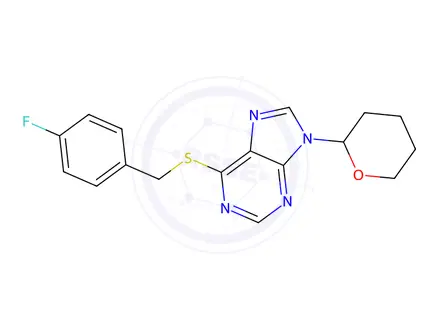 Chemical structure of 6-((4-Fluorobenzyl)thio)-9-(tetrahydro-2H-pyran-2-yl)-9H-purine