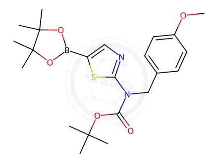 Chemical structure of tert-Butyl (4-methoxybenzyl)(5-(4,4,5,5-tetramethyl-1,3,2-dioxaborolan-2-yl)thiazol-2-yl)carbamate