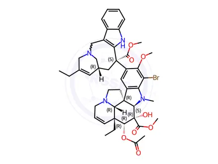 Chemical structure of Aspidospermidine-3-carboxylic acid, 4-(acetyloxy)-17-bromo-6,7-didehydro-15-[(2R,6R,8S)-4-ethyl-1,3,6,7,8,9-hexahydro-8-(methoxycarbonyl)-2,6-methano-2H-azecino[4,3-b]indol-8-yl]-3-hydroxy-16-methoxy-1-methyl-, methyl ester, (2β,3β,4β,5α,12β,19α)-; methyl (3aR,3a1R,4R,5S,5aR,10bR)-4-acetoxy-7-bromo-3a-ethyl-9-((2R,6R,8S)-4-ethyl-8-(methoxycarbonyl)-1,3,6,7,8,9-hexahydro-2,6-methanoazecino[4,3-b]indol-8-yl)-5-hydroxy-8-methoxy-6-methyl-3a,3a1,4,5,5a,6,11,12-octahydro-1H-indolizino[8,1-cd]carbazole-5-carboxylate
