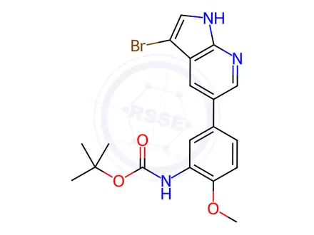 Chemical structure of Carbamic acid, N-[5-(3-bromo-1H-pyrrolo[2,3-b]pyridin-5-yl)-2-methoxyphenyl]-, 1,1-dimethylethyl ester