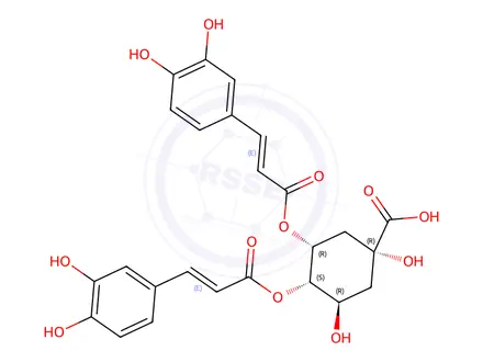 Chemical structure of (1R,3R,4S,5R)-3,4-bis(((E)-3-(3,4-dihydroxyphenyl)acryloyl)oxy)-1,5-dihydroxycyclohexane-1-carboxylic acid