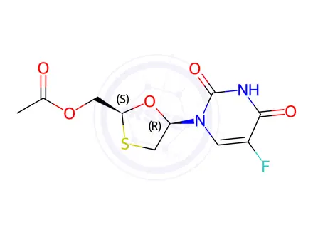 Chemical structure of cis-1-[2-[(Acetyloxy)methyl]-1,3-oxathiolan-5-yl]-5-fluoro-2,4(1H,3H)-pyrimidinedione