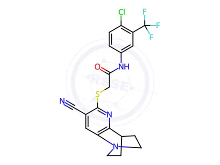 Chemical structure of N-(4-chloro-3-(trifluoromethyl)phenyl)-2-((7-cyano-3,4-dihydro-2H-1,4-ethano-1,5-naphthyridin-6-yl)thio)acetamide