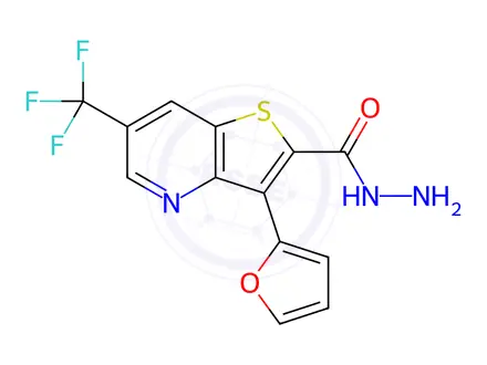 Chemical structure of 3-(Furan-2-yl)-6-(trifluoromethyl)thieno[3,2-b]pyridine-2-carbohydrazide