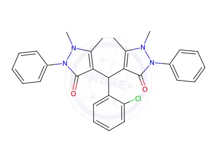 Chemical structure of 4,4-((2-chlorophenyl)methylene)bis(1,5-dimethyl-2-phenyl-1,2-dihydro-3H-pyrazol-3-one)