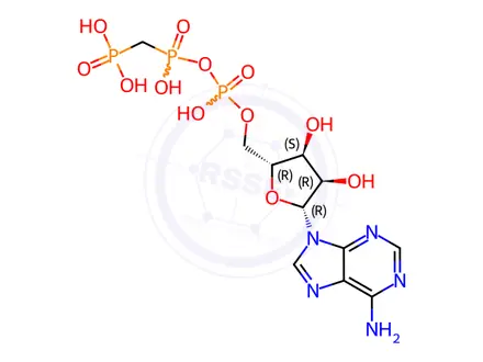 Chemical structure of (((((((2R,3S,4R,5R)-5-(6-Amino-9H-purin-9-yl)-3,4-dihydroxytetrahydrofuran-2-yl)methoxy)(hydroxy)phosphoryl)oxy)(hydroxy)phosphoryl)methyl)phosphonic Acid
