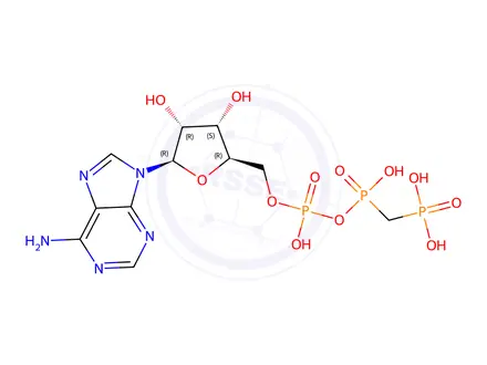 Chemical structure of (((((((2R,3S,4R,5R)-5-(6-Amino-9H-purin-9-yl)-3,4-dihydroxytetrahydrofuran-2-yl)methoxy)(hydroxy)phosphoryl)oxy)(hydroxy)phosphoryl)methyl)phosphonic Acid