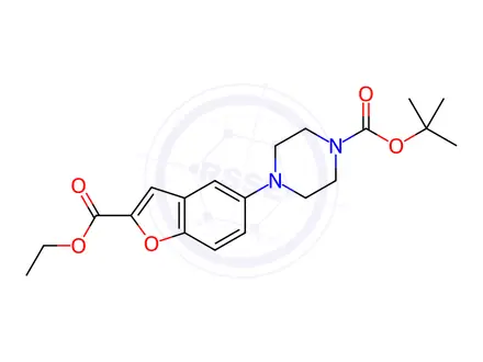Chemical structure of 4-[2-(Ethoxycarbonyl)-5-benzofuranyl]-1-piperazinecarboxylic acid tert-butyl ester