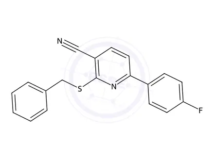 Chemical structure of 2-(Benzylsulfanyl)-6-(4-fluorophenyl)pyridine-3-carbonitrile