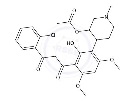 Chemical structure of 4-(3-(3-(2-Chlorophenyl)-3-oxopropanoyl)-2-hydroxy-4,6-dimethoxyphenyl)-1-methylpiperidin-3-yl acetate