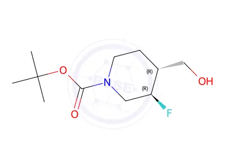 Chemical structure of tert-butyl (3R,4R)-3-fluoro-4-(hydroxymethyl)piperidine-1-carboxylate